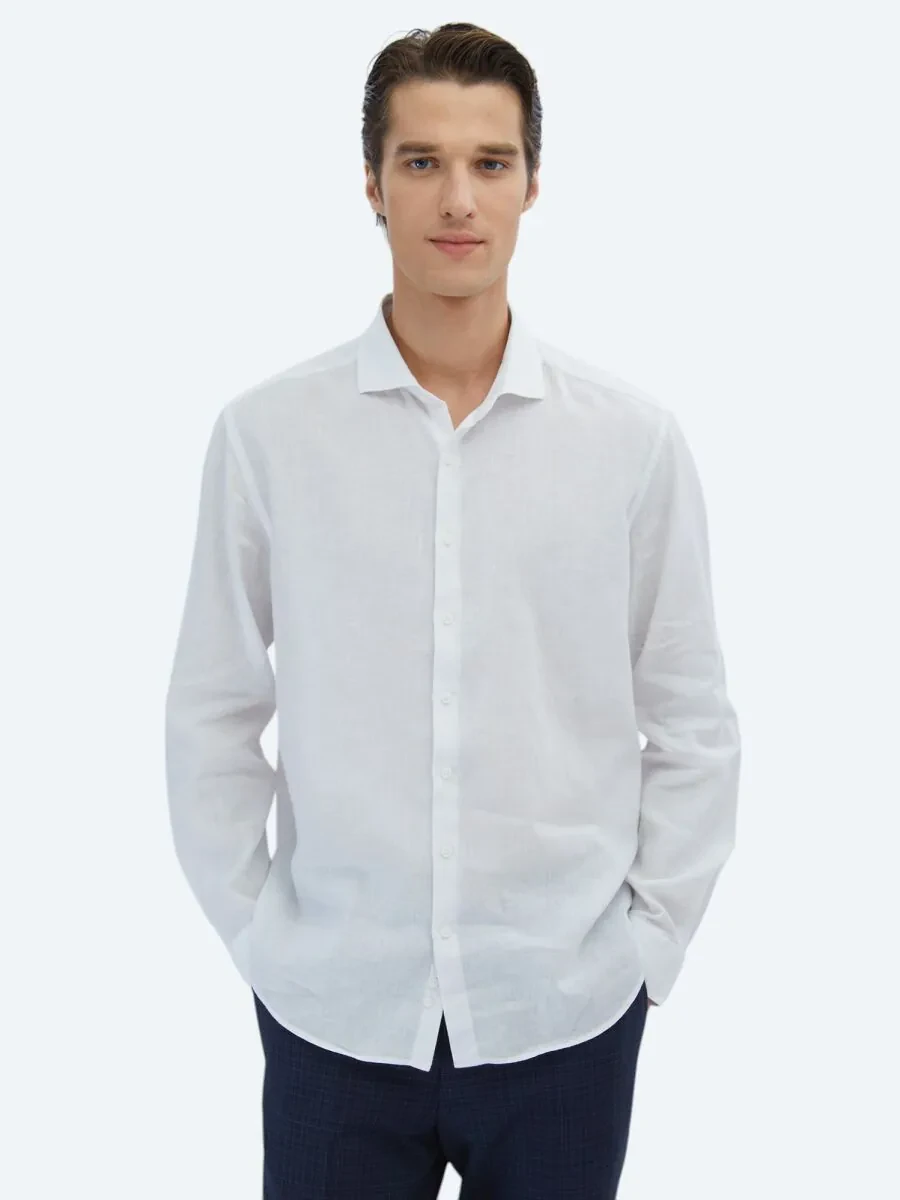 Beyaz Düz Regular Fit Dokuma Casual Pamuk Karışımlı Gömlek - 1