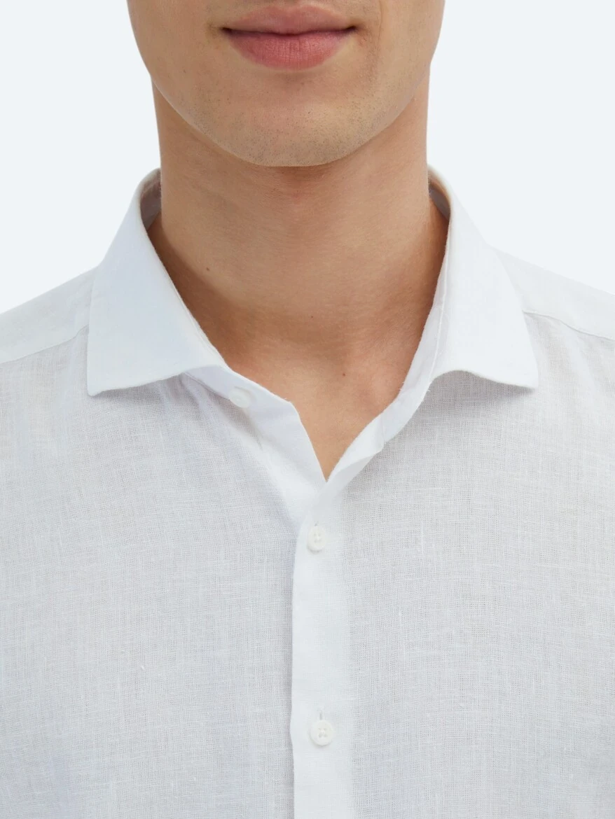 Beyaz Düz Regular Fit Dokuma Casual Pamuk Karışımlı Gömlek - 5