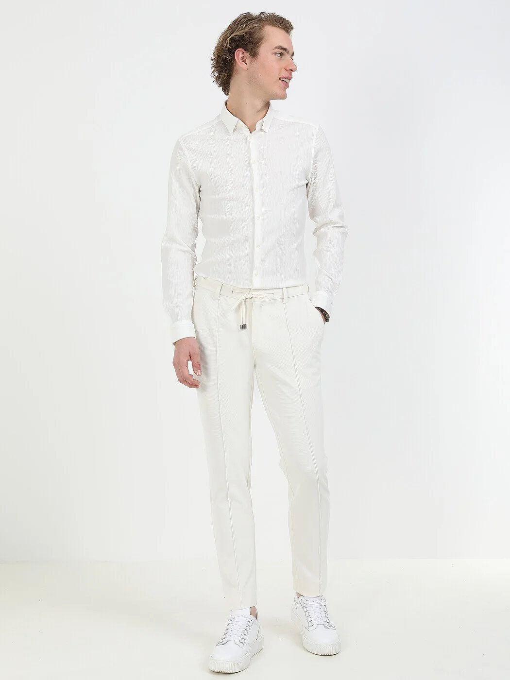 Beyaz Düz Slim Fit Dokuma Casual Pamuk Karışımlı Gömlek - 4