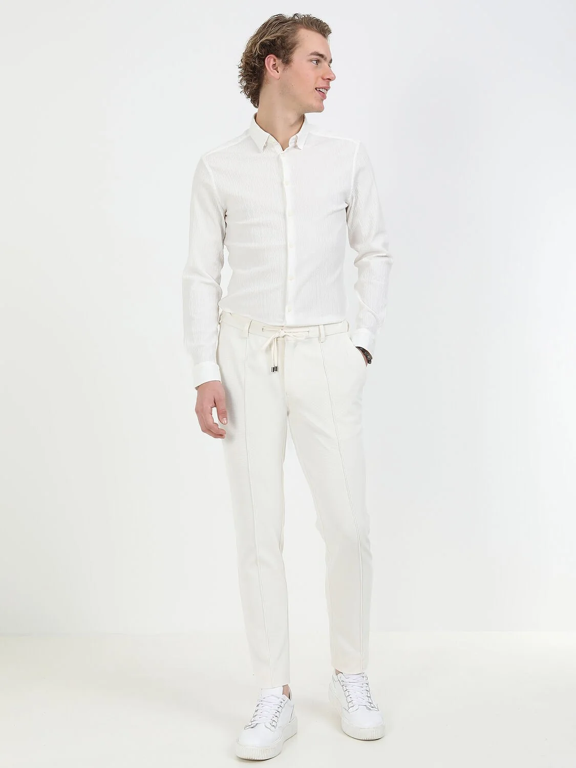 Beyaz Düz Slim Fit Dokuma Casual Pamuk Karışımlı Gömlek - 4