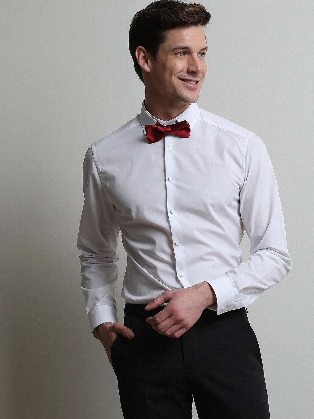 Beyaz Düz Slim Fit Dokuma Klasik %100 Pamuk Gömlek - 1