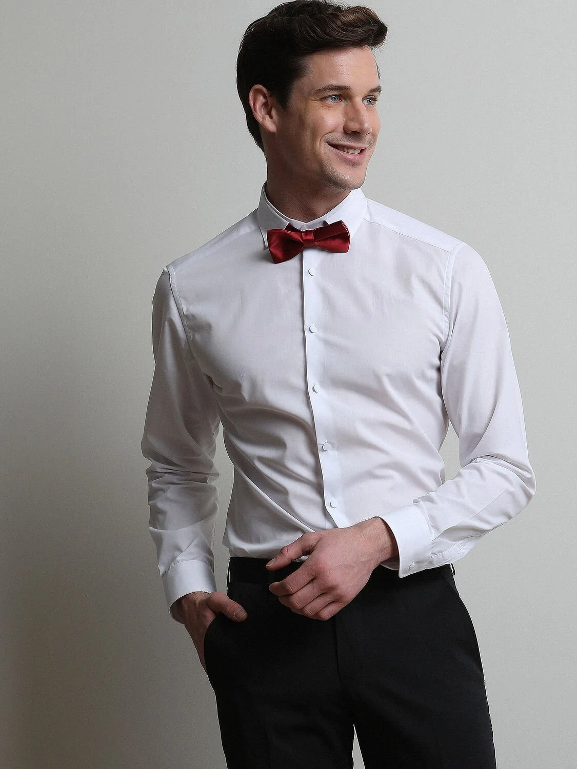 Beyaz Düz Slim Fit Dokuma Klasik %100 Pamuk Gömlek - 1