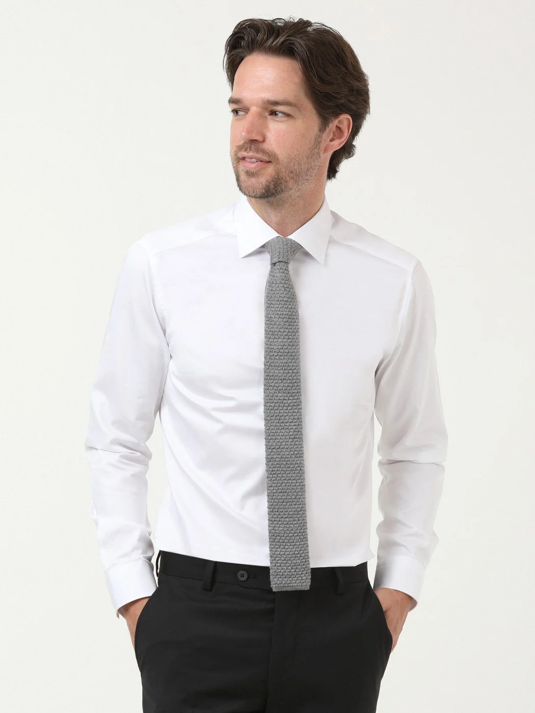 Beyaz Düz Slim Fit Dokuma Klasik %100 Pamuk Gömlek - 3