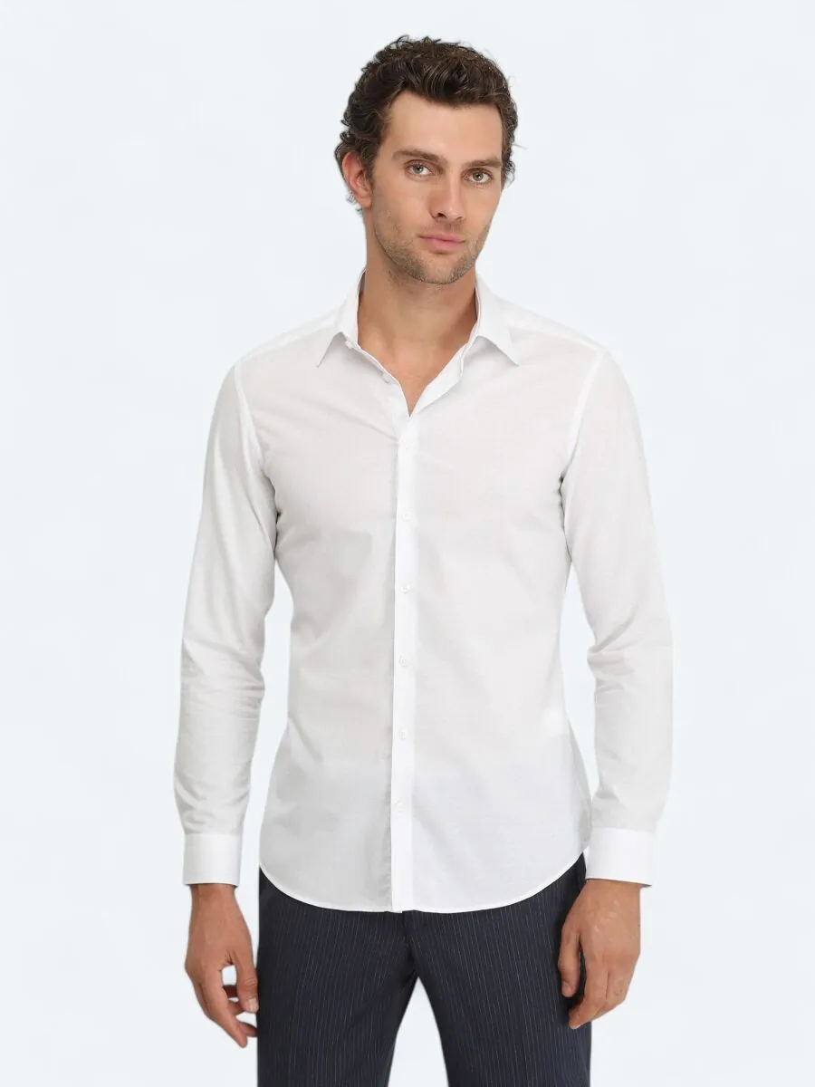 Beyaz Düz Slim Fit Dokuma Klasik %100 Pamuk Gömlek - 1