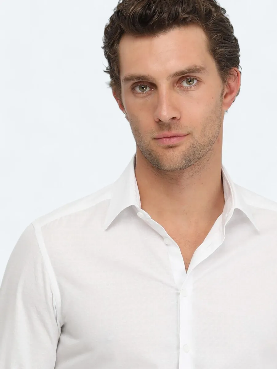 Beyaz Düz Slim Fit Dokuma Klasik %100 Pamuk Gömlek - 3