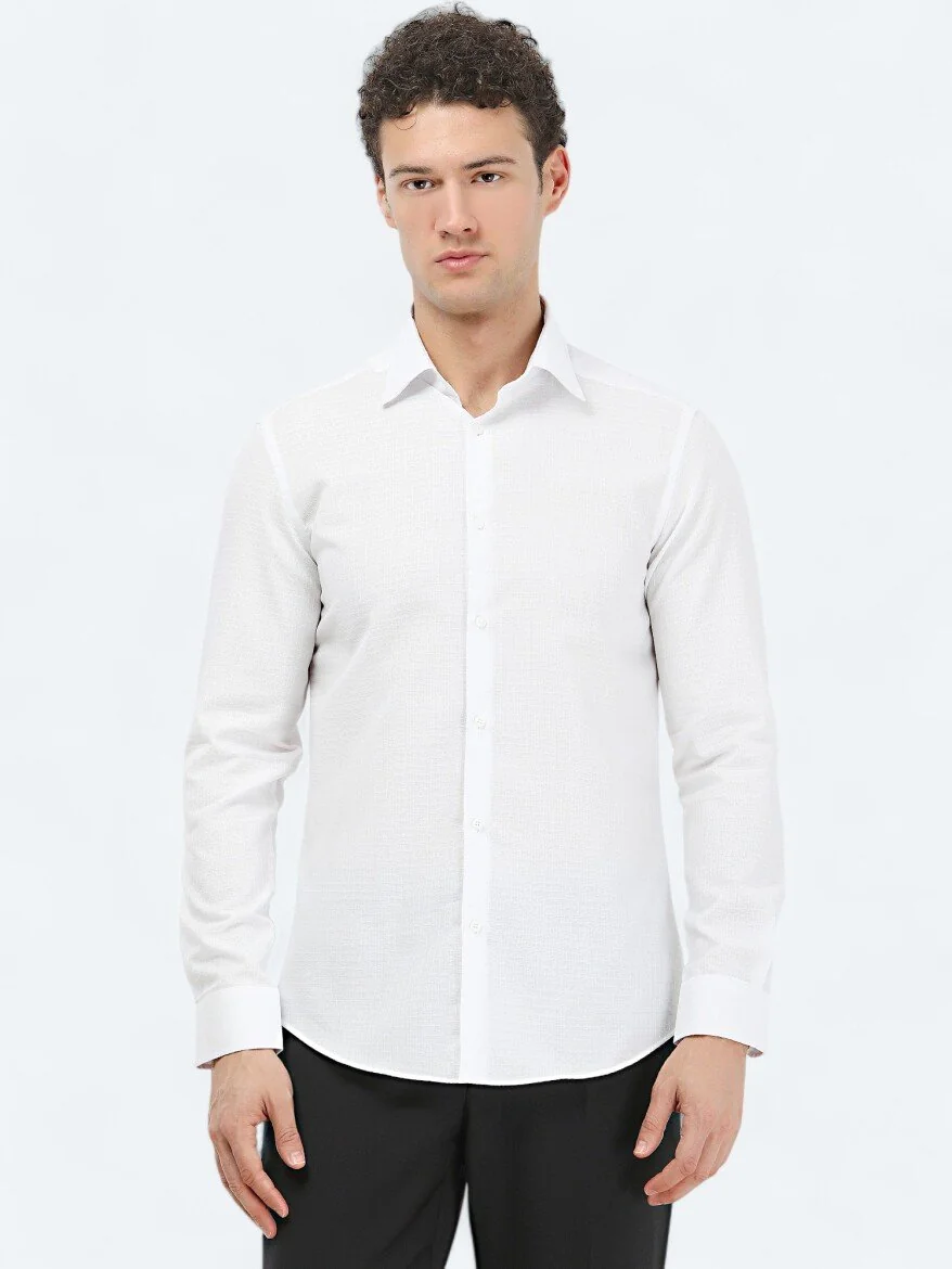 Beyaz Düz Slim Fit Dokuma Klasik %100 Pamuk Gömlek - 2