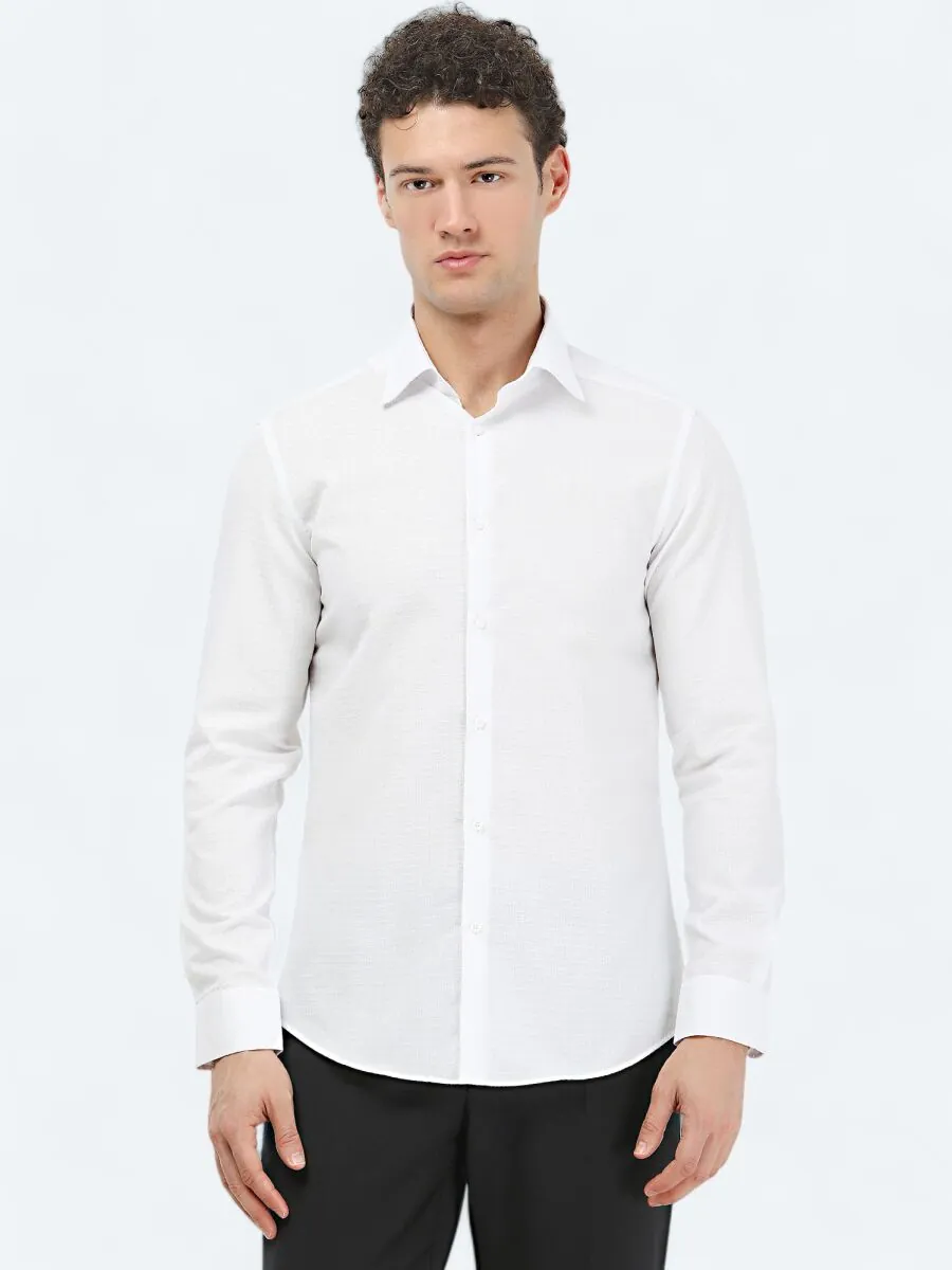 Beyaz Düz Slim Fit Dokuma Klasik %100 Pamuk Gömlek - 2