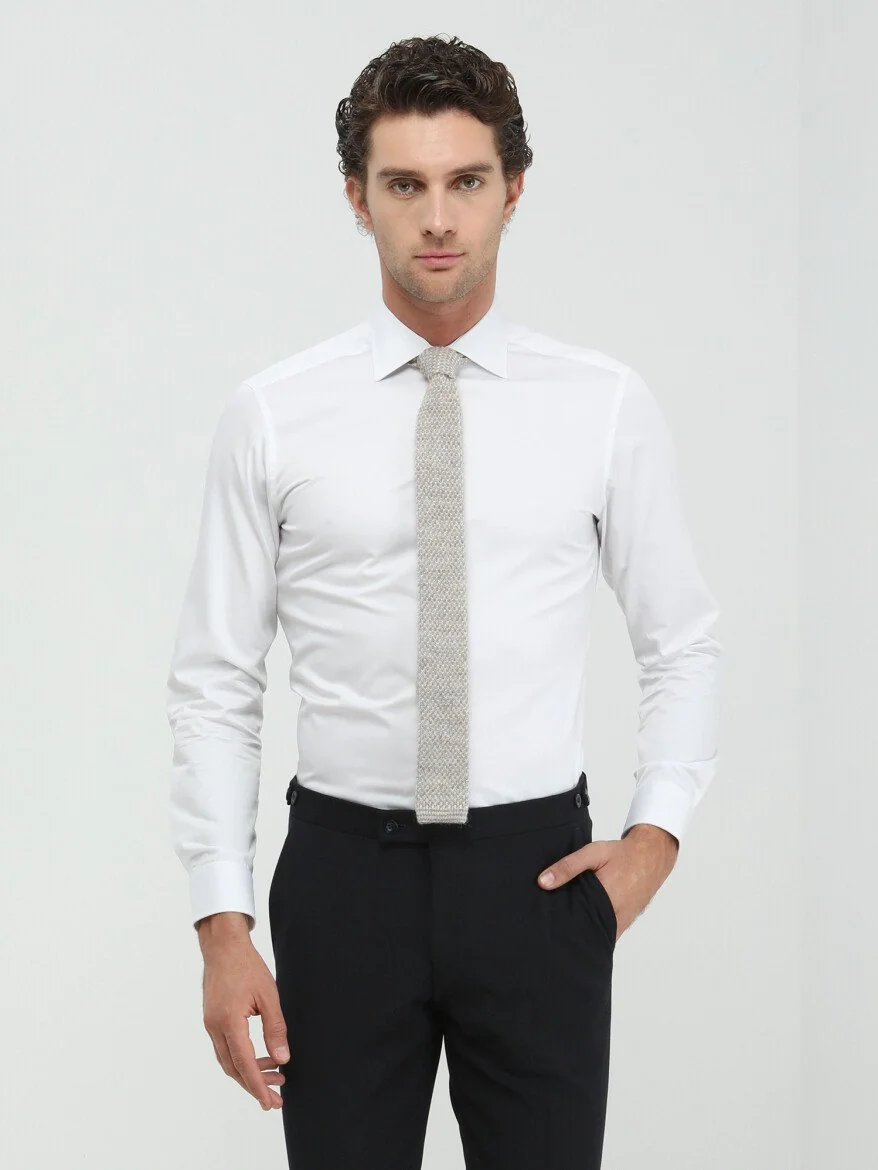 Beyaz Düz Slim Fit Dokuma Klasik %100 Pamuk Gömlek 