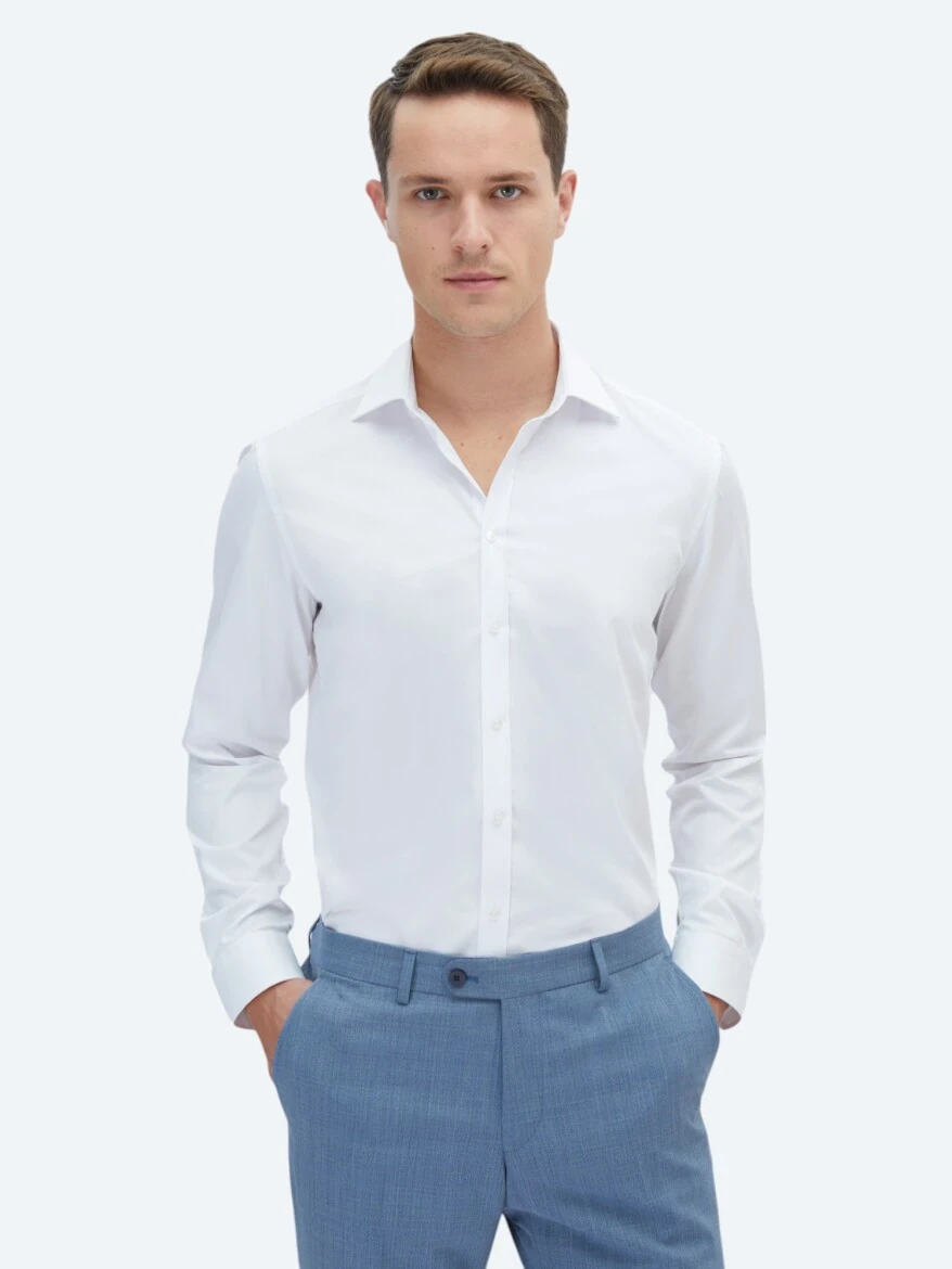 Beyaz Düz Slim Fit Dokuma Klasik %100 Pamuk Gömlek - 1