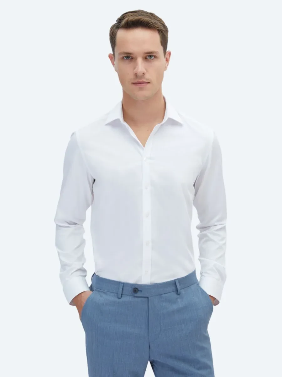Beyaz Düz Slim Fit Dokuma Klasik %100 Pamuk Gömlek - 1