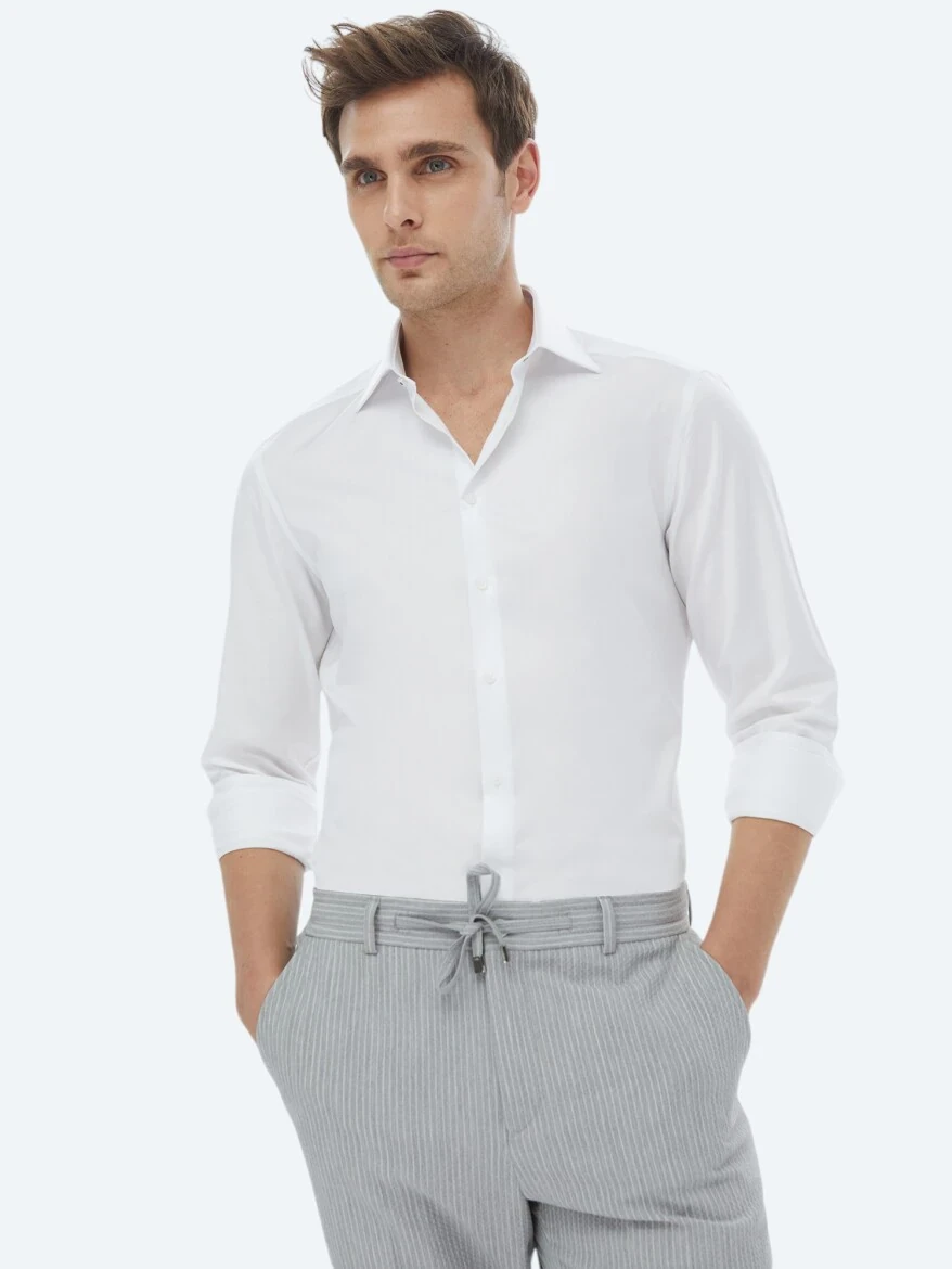 Beyaz Düz Slim Fit Dokuma Klasik %100 Pamuk Gömlek - 2