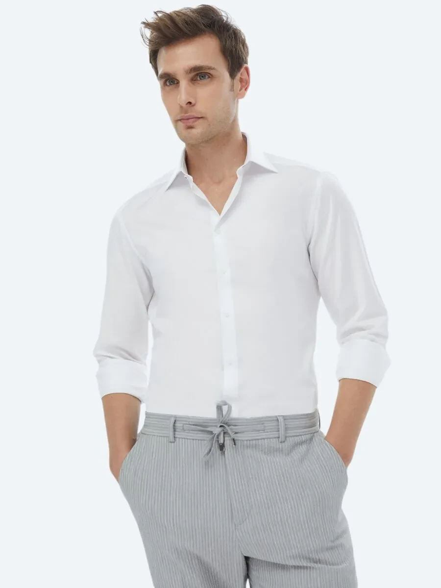 Beyaz Düz Slim Fit Dokuma Klasik %100 Pamuk Gömlek - 2