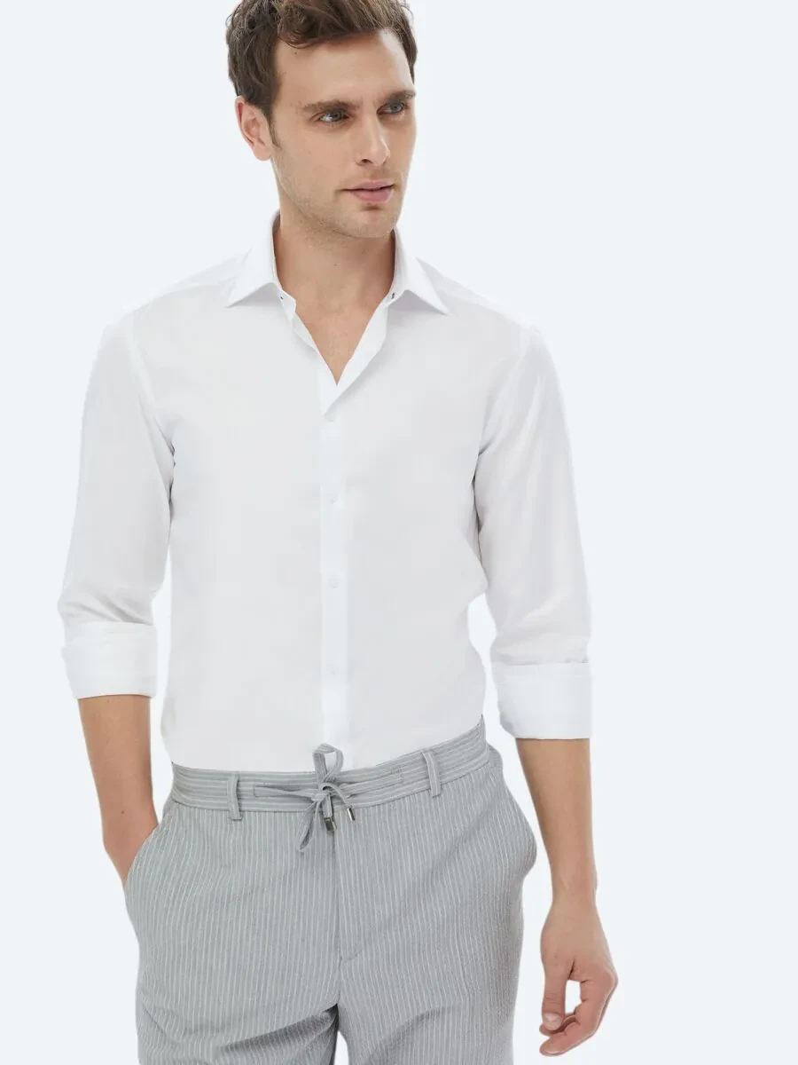 Beyaz Düz Slim Fit Dokuma Klasik %100 Pamuk Gömlek - 4