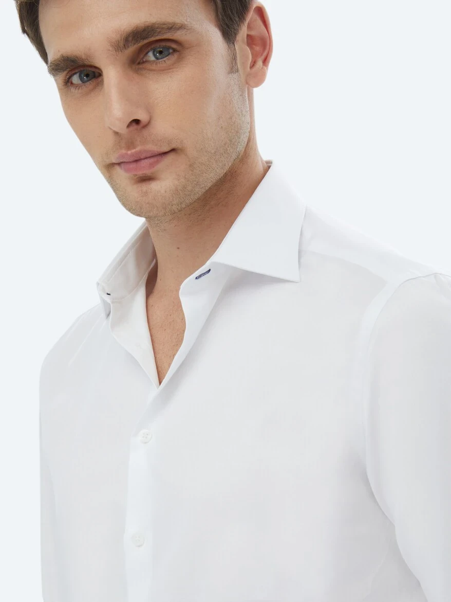 Beyaz Düz Slim Fit Dokuma Klasik %100 Pamuk Gömlek - 5