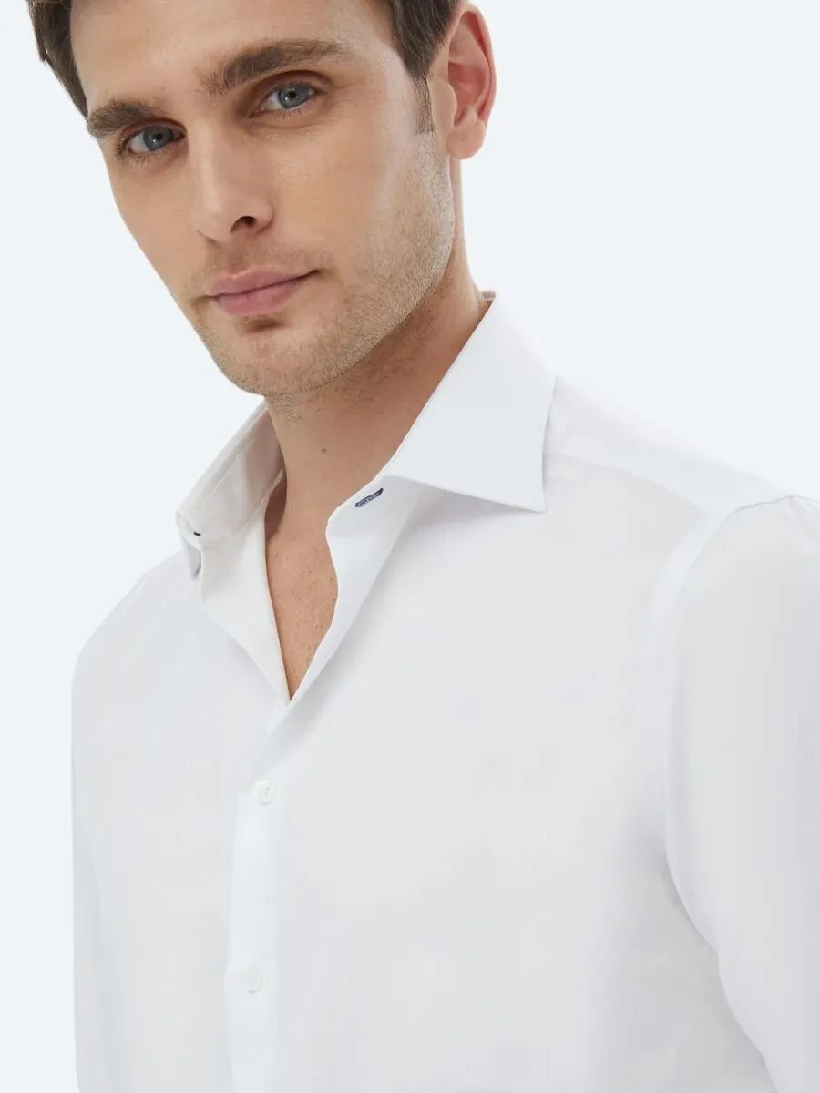 Beyaz Düz Slim Fit Dokuma Klasik %100 Pamuk Gömlek - 5