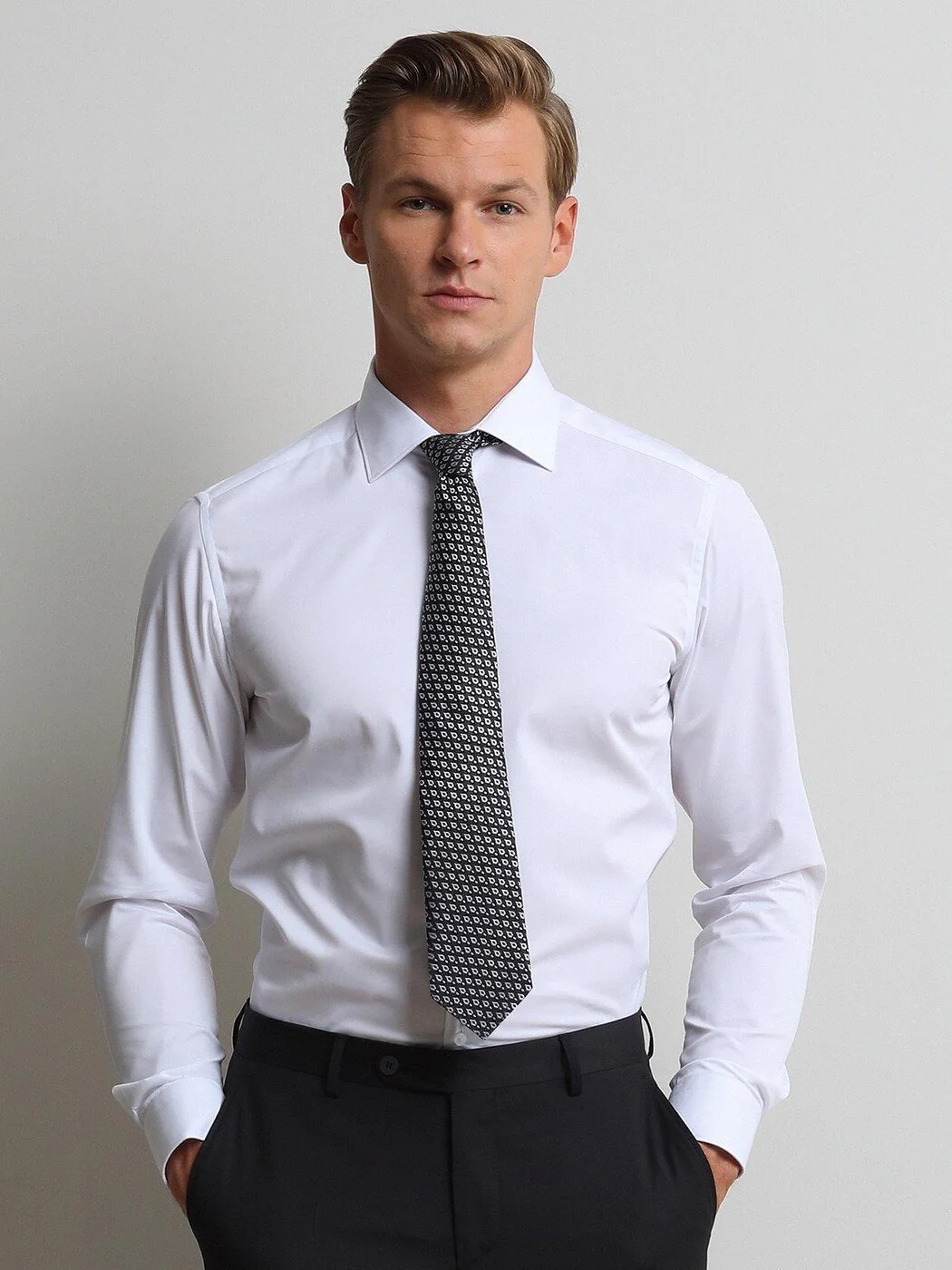 Beyaz Düz Slim Fit Dokuma Klasik Pamuk Karışımlı Gömlek 