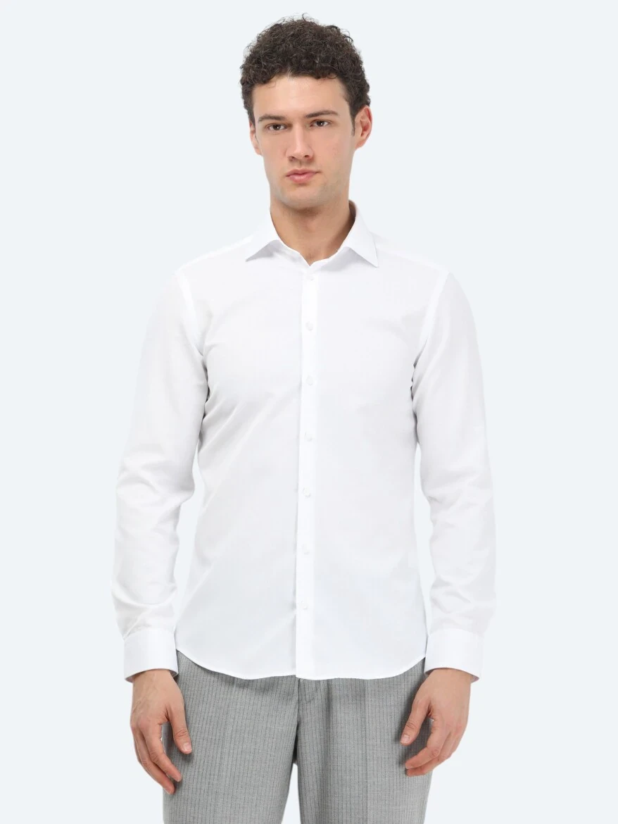 Beyaz Düz Slim Fit Dokuma Klasik Pamuk Karışımlı Gömlek - 1