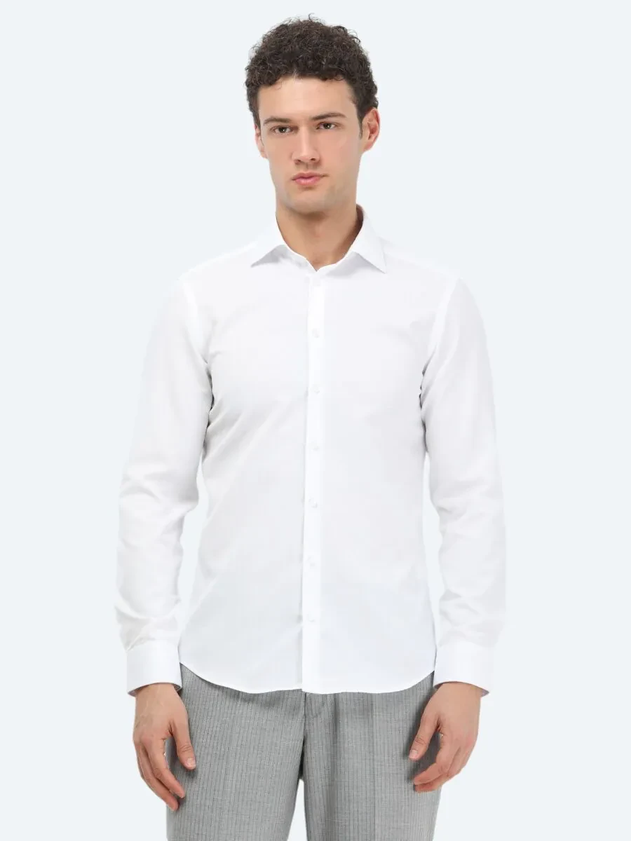 Beyaz Düz Slim Fit Dokuma Klasik Pamuk Karışımlı Gömlek - 1