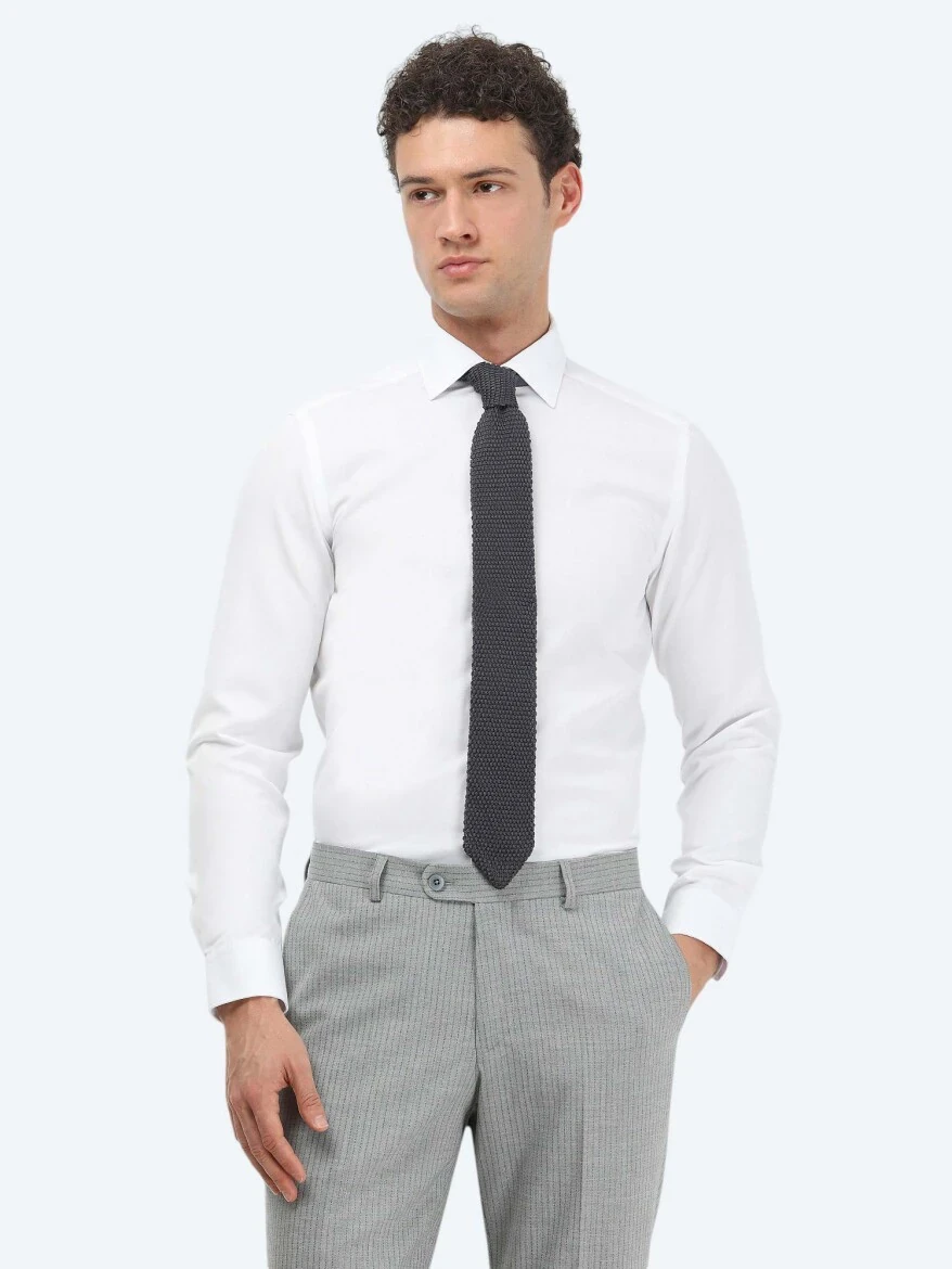 Beyaz Düz Slim Fit Dokuma Klasik Pamuk Karışımlı Gömlek - 2