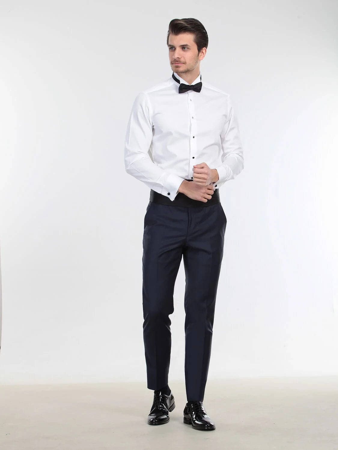 Beyaz Düz Slim Fit Duble Manşet Ata Yaka Smokin Gömlek - 1
