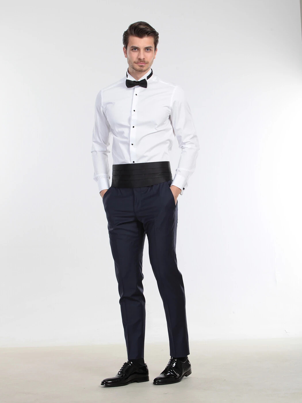 Beyaz Düz Slim Fit Duble Manşet Ata Yaka Smokin Gömlek - 2