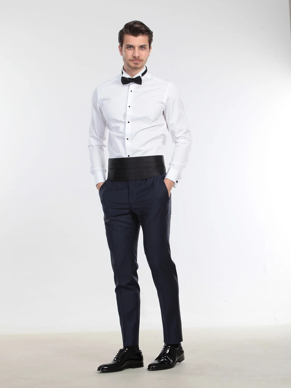 Beyaz Düz Slim Fit Duble Manşet Ata Yaka Smokin Gömlek - 2