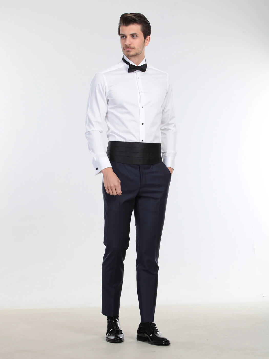 Beyaz Düz Slim Fit Duble Manşet Ata Yaka Smokin Gömlek - 3