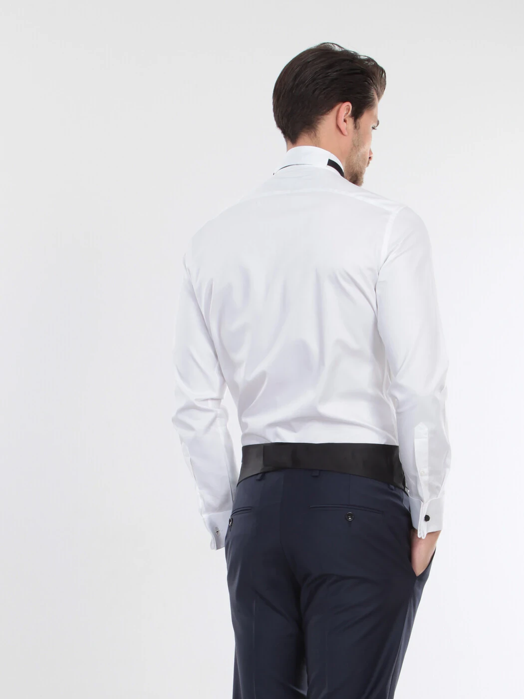 Beyaz Düz Slim Fit Duble Manşet Ata Yaka Smokin Gömlek - 5