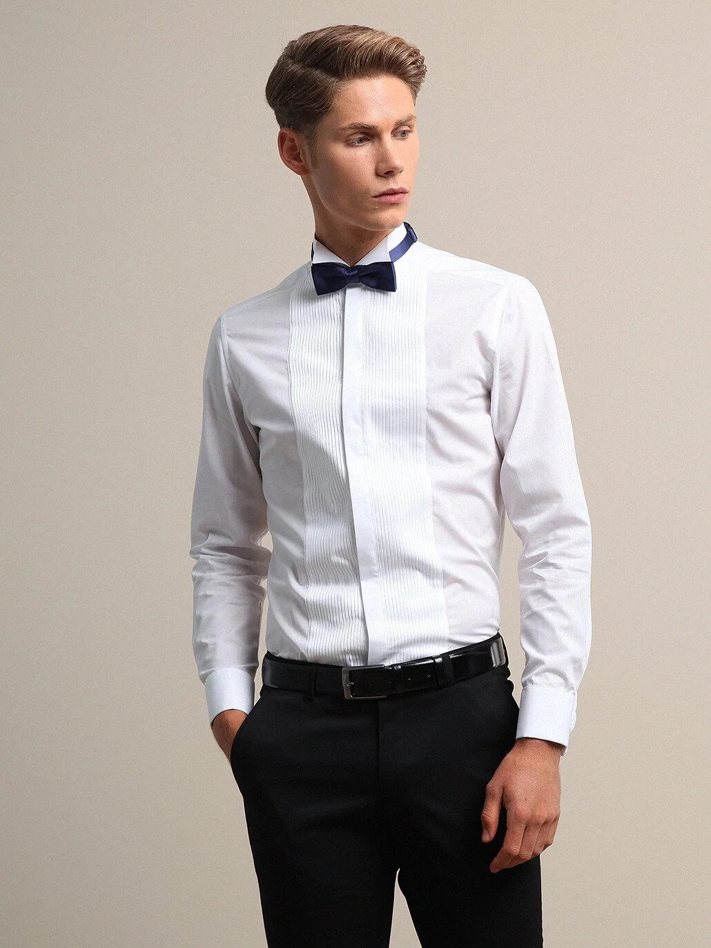Beyaz Düz Slim Fit Duble Manşet Ata Yaka Smokin Gömlek - 1