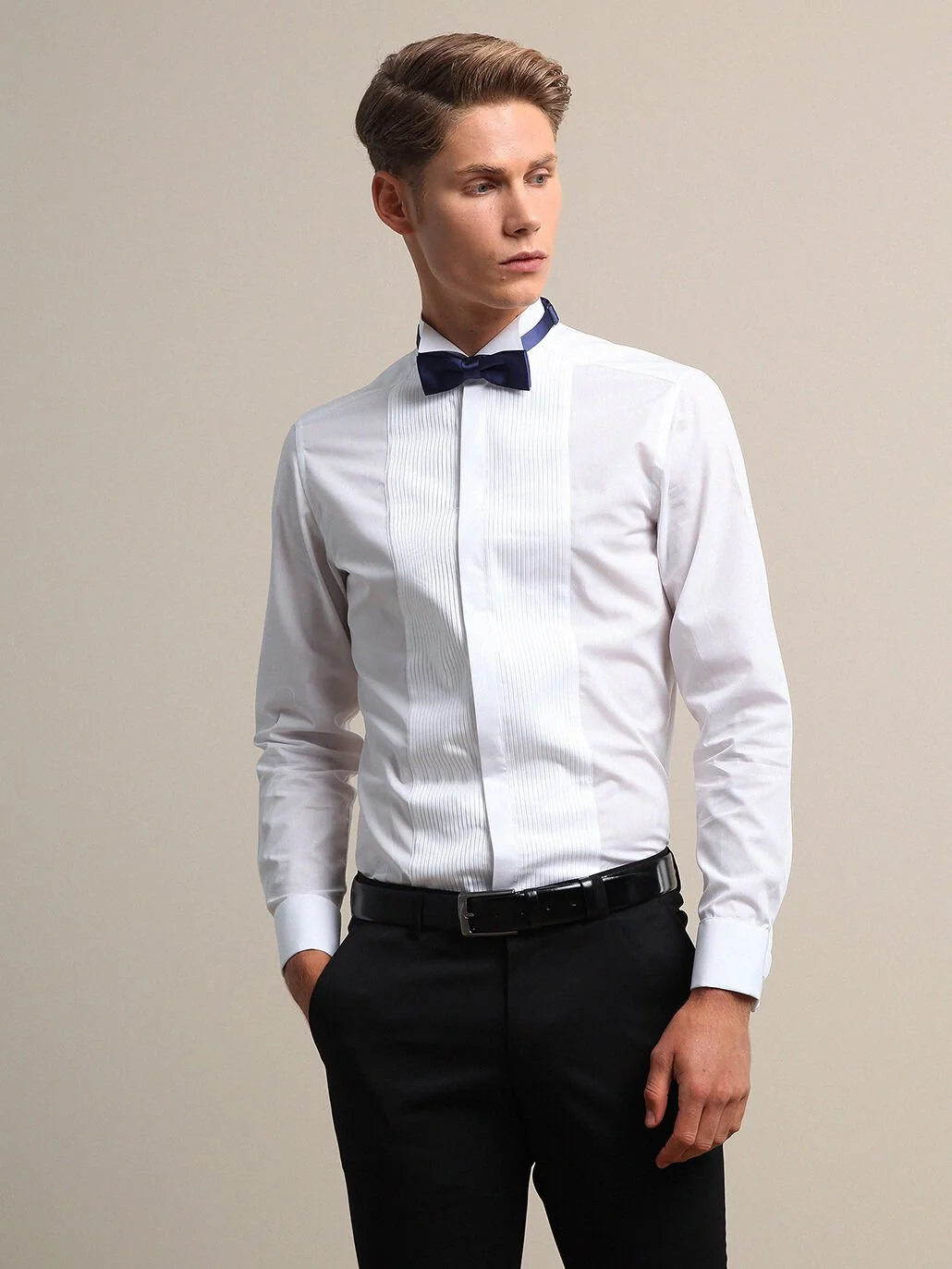 Beyaz Düz Slim Fit Duble Manşet Ata Yaka Smokin Gömlek - 1