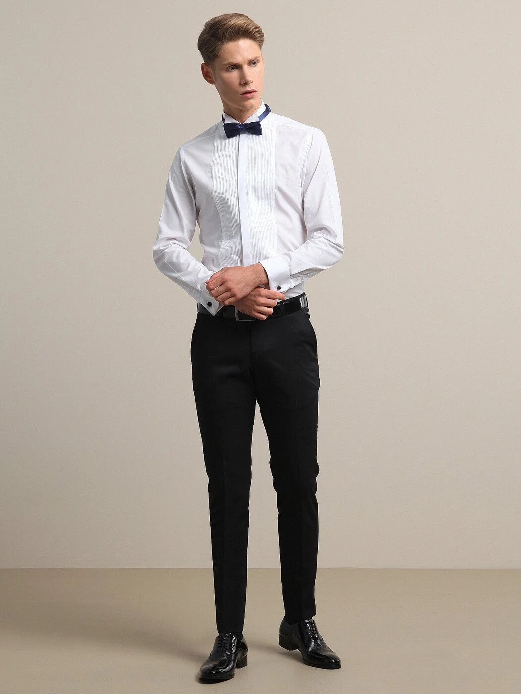 Beyaz Düz Slim Fit Duble Manşet Ata Yaka Smokin Gömlek - 2