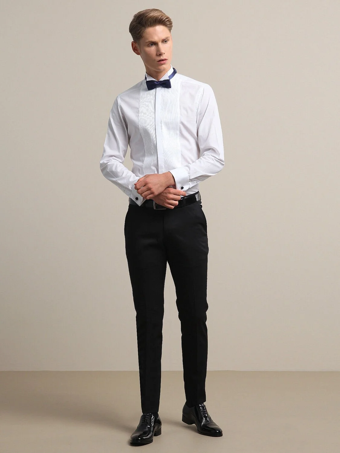 Beyaz Düz Slim Fit Duble Manşet Ata Yaka Smokin Gömlek - 2