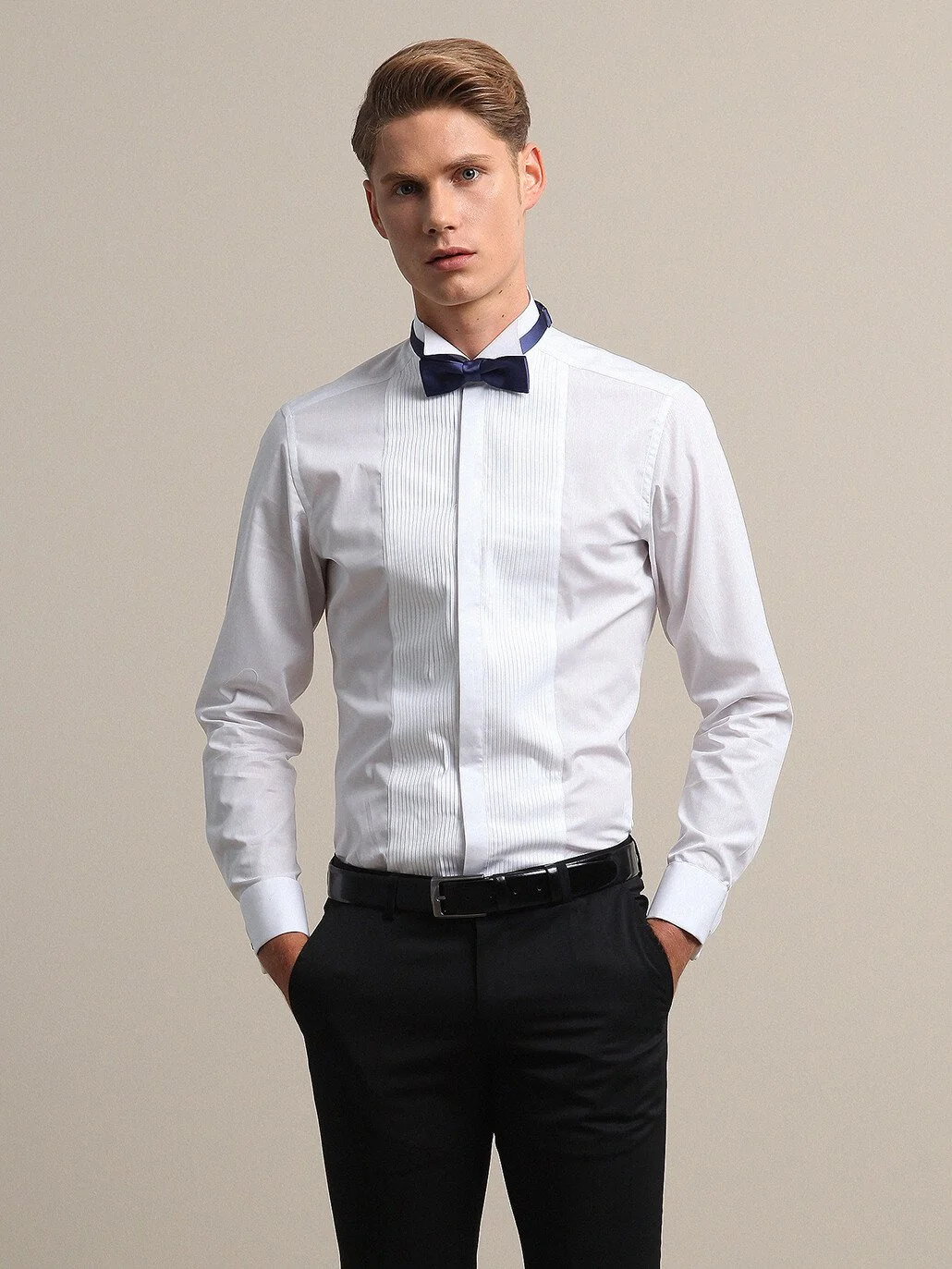 Beyaz Düz Slim Fit Duble Manşet Ata Yaka Smokin Gömlek - 3