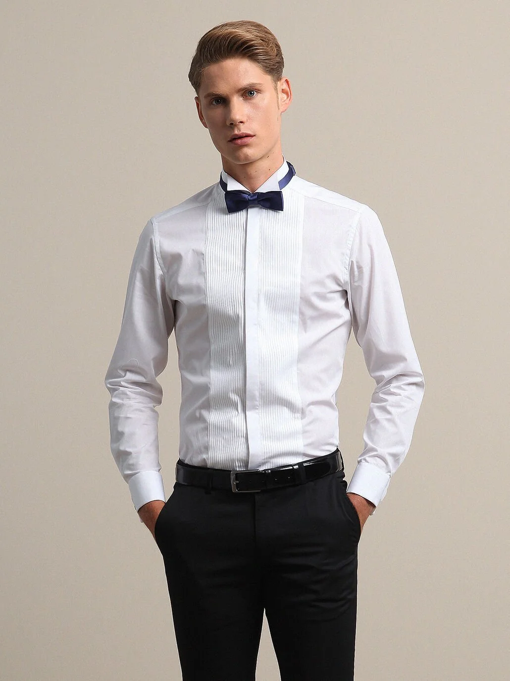 Beyaz Düz Slim Fit Duble Manşet Ata Yaka Smokin Gömlek - 3