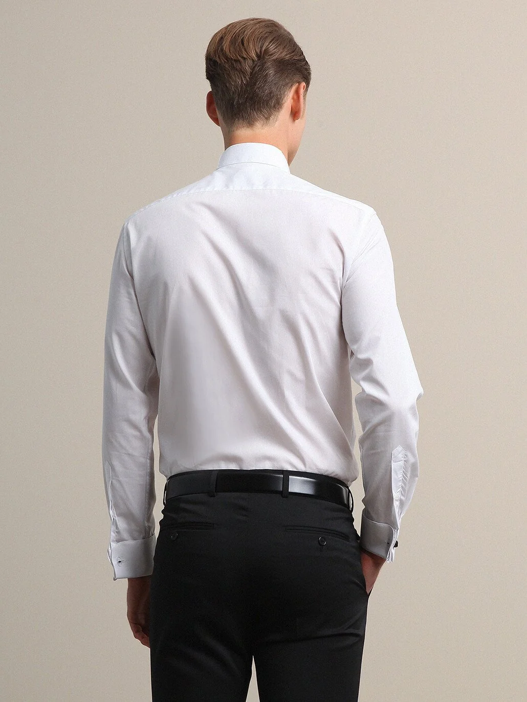 Beyaz Düz Slim Fit Duble Manşet Ata Yaka Smokin Gömlek - 5