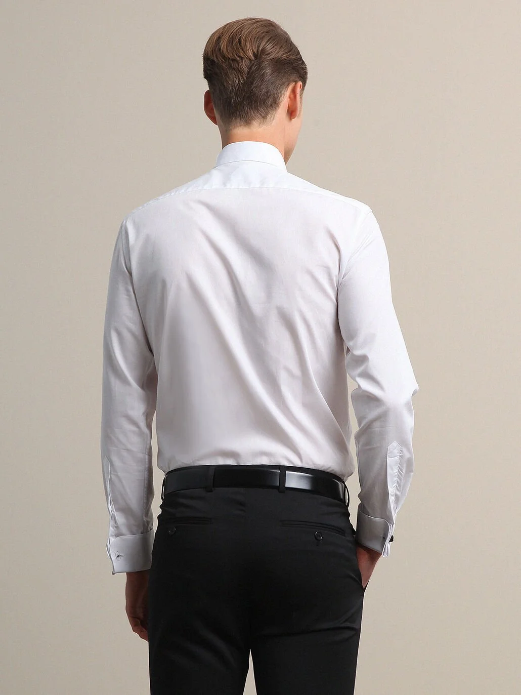 Beyaz Düz Slim Fit Duble Manşet Ata Yaka Smokin Gömlek - 5
