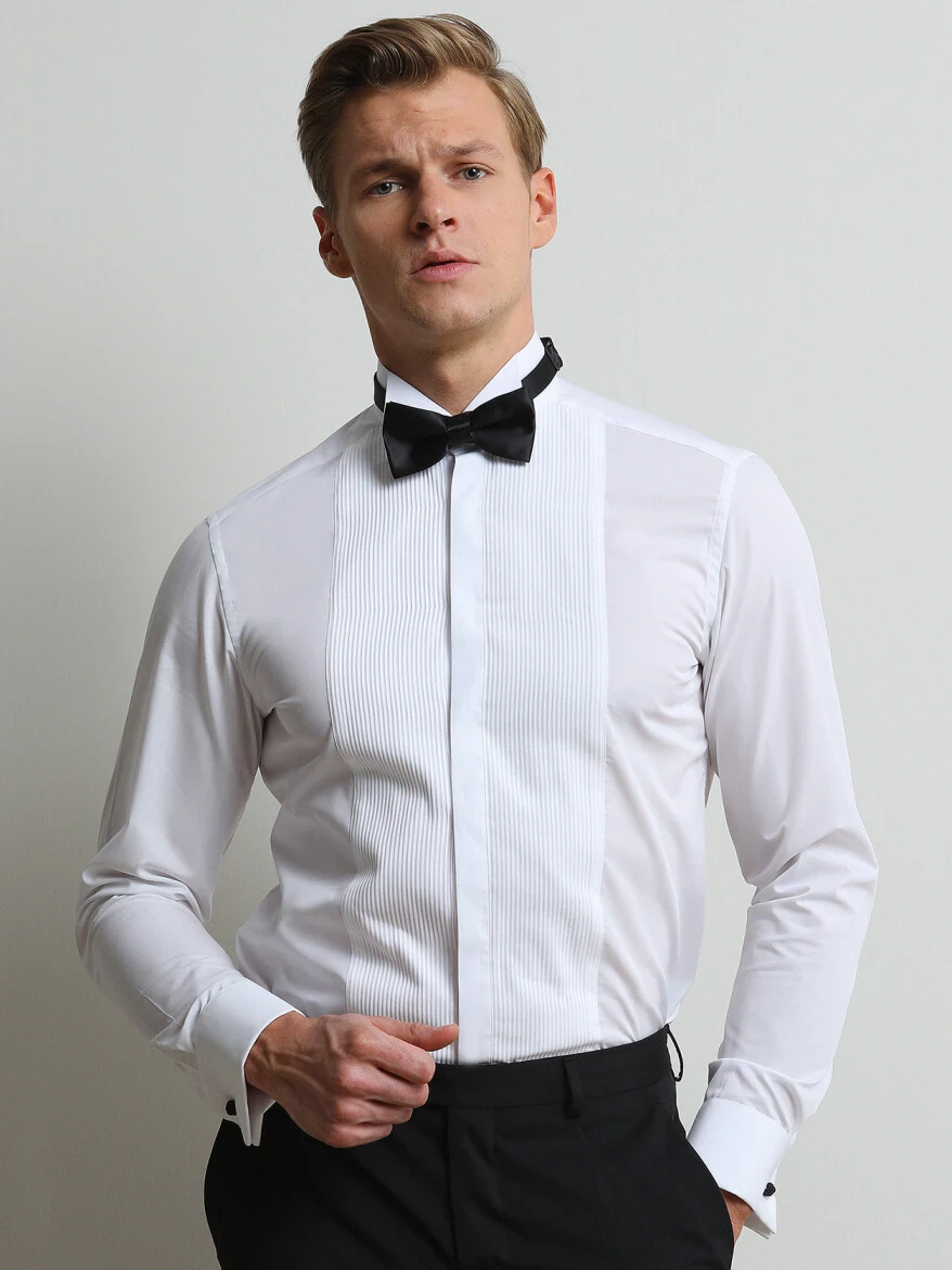 Beyaz Düz Slim Fit Duble Manşet Ata Yaka Smokin Gömlek - 1