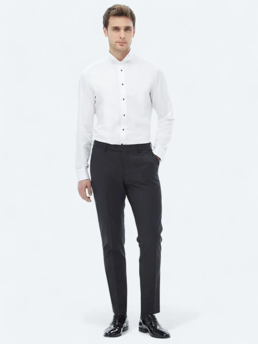 Beyaz Düz Slim Fit Duble Manşet Ata Yaka Smokin Gömlek - 1