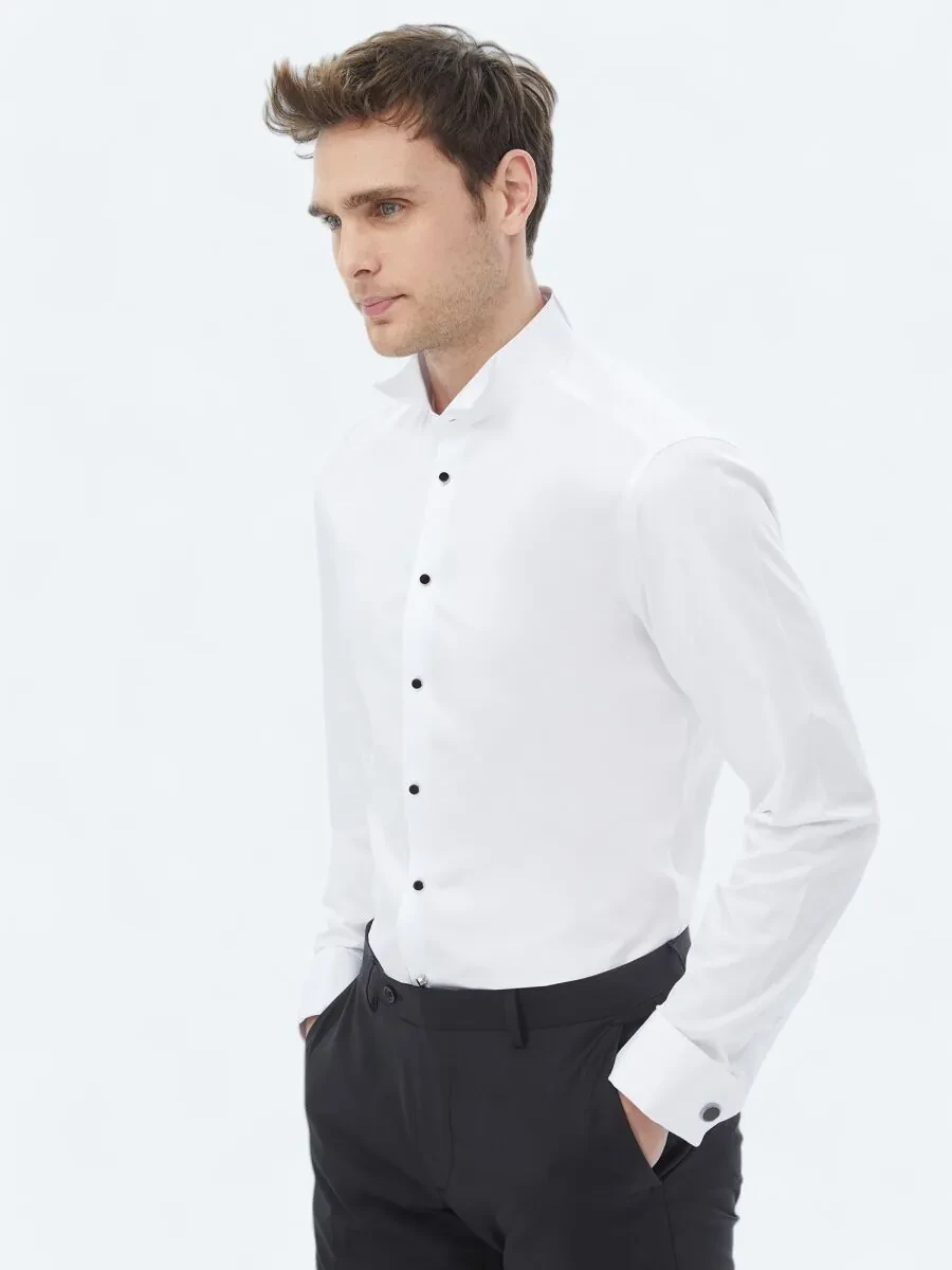 Beyaz Düz Slim Fit Duble Manşet Ata Yaka Smokin Gömlek - 3