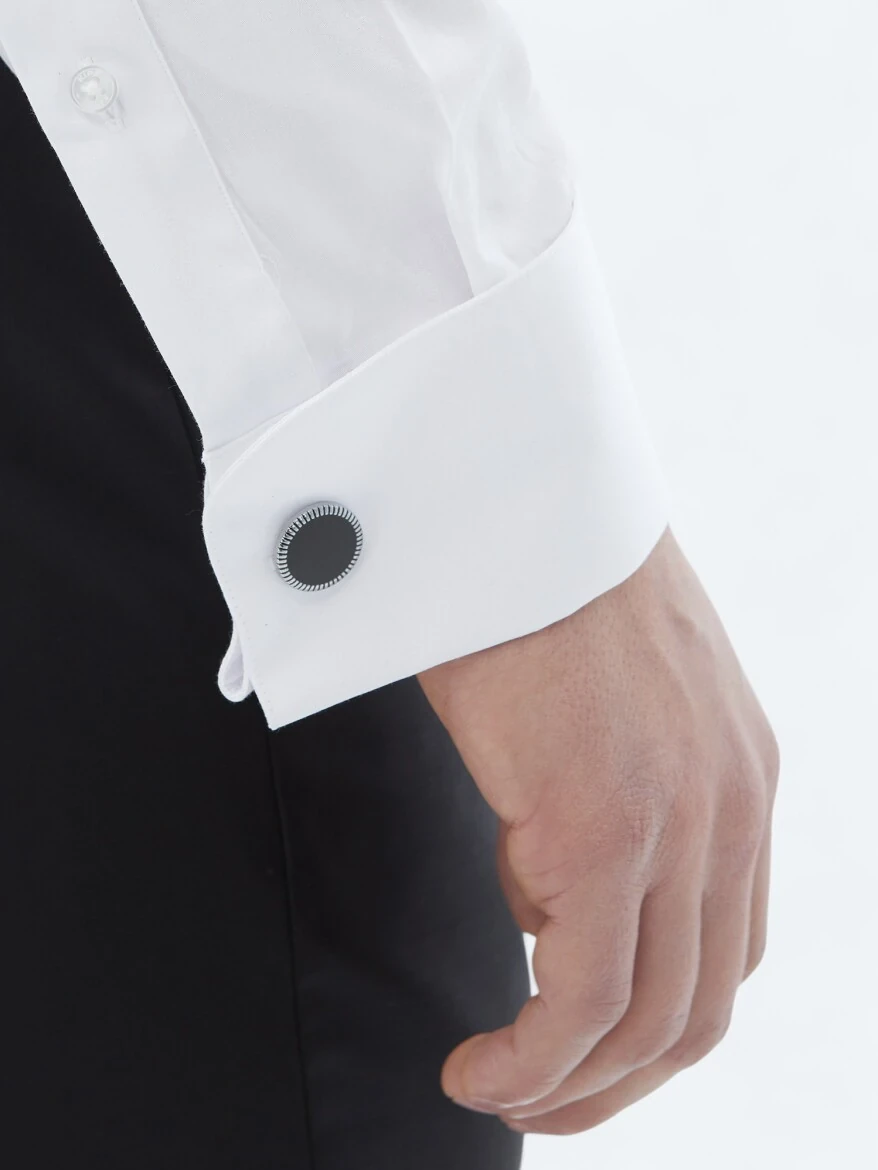 Beyaz Düz Slim Fit Duble Manşet Ata Yaka Smokin Gömlek - 5