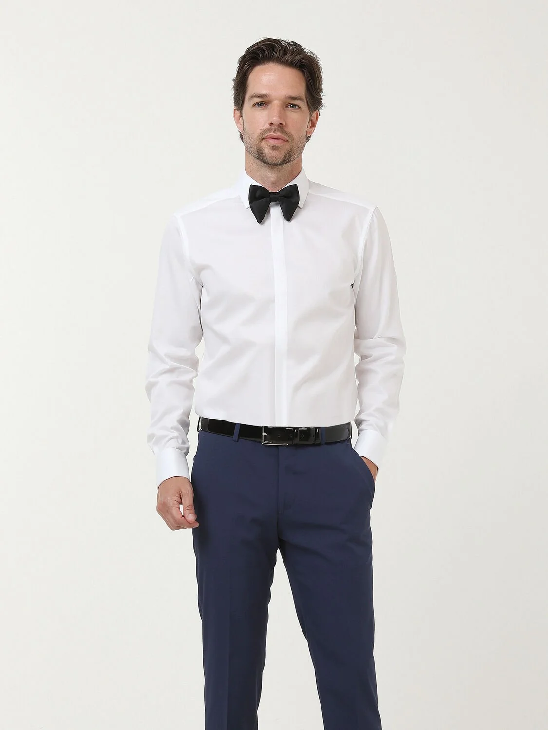 Beyaz Düz Slim Fit Duble Manşet Klasik Yaka Smokin Gömlek - 2