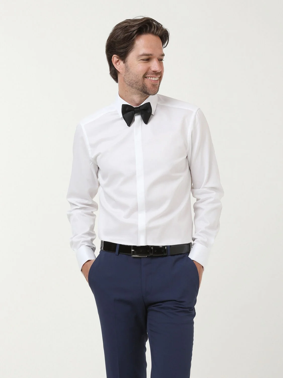 Beyaz Düz Slim Fit Duble Manşet Klasik Yaka Smokin Gömlek - 3