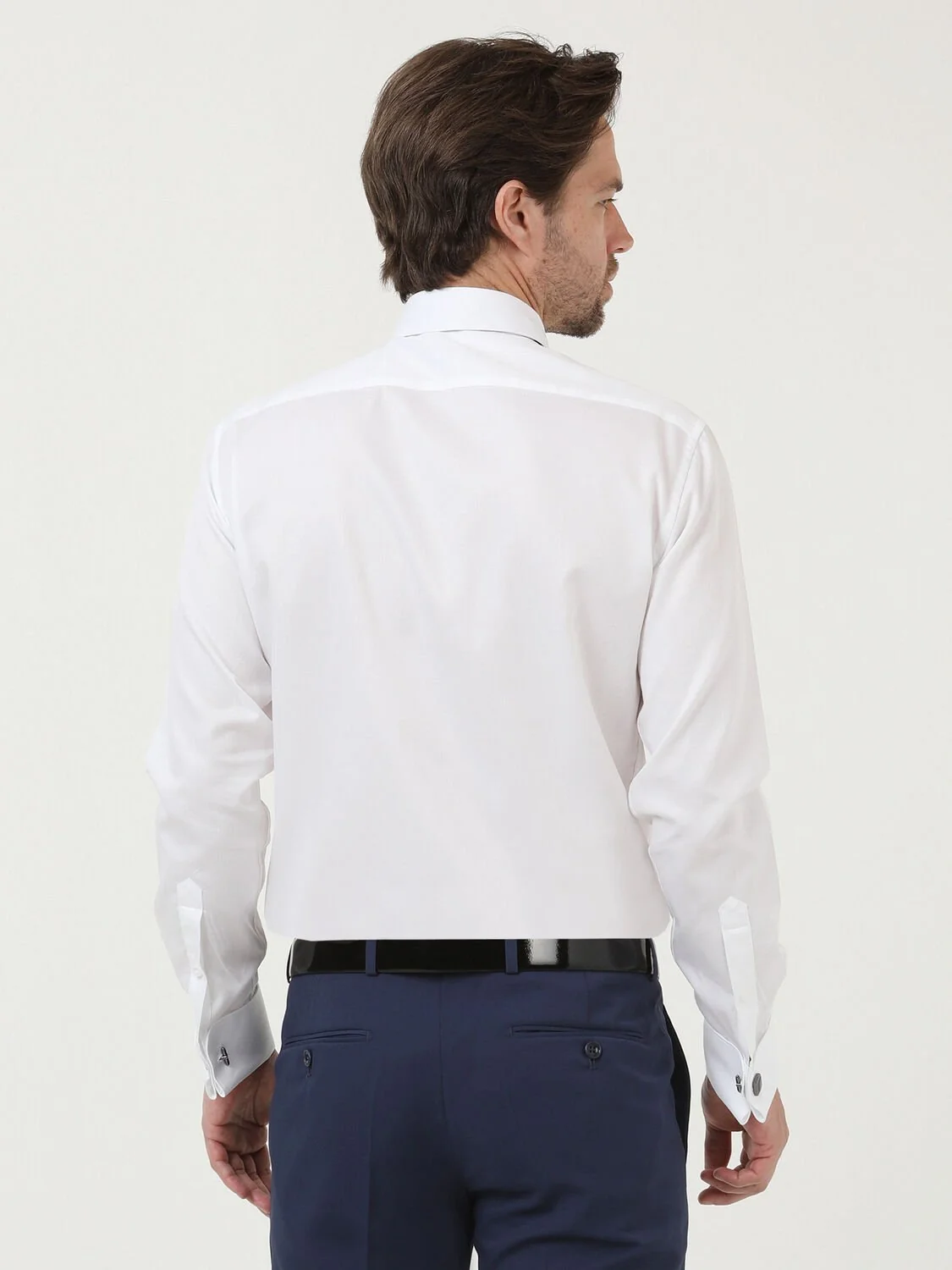 Beyaz Düz Slim Fit Duble Manşet Klasik Yaka Smokin Gömlek - 4