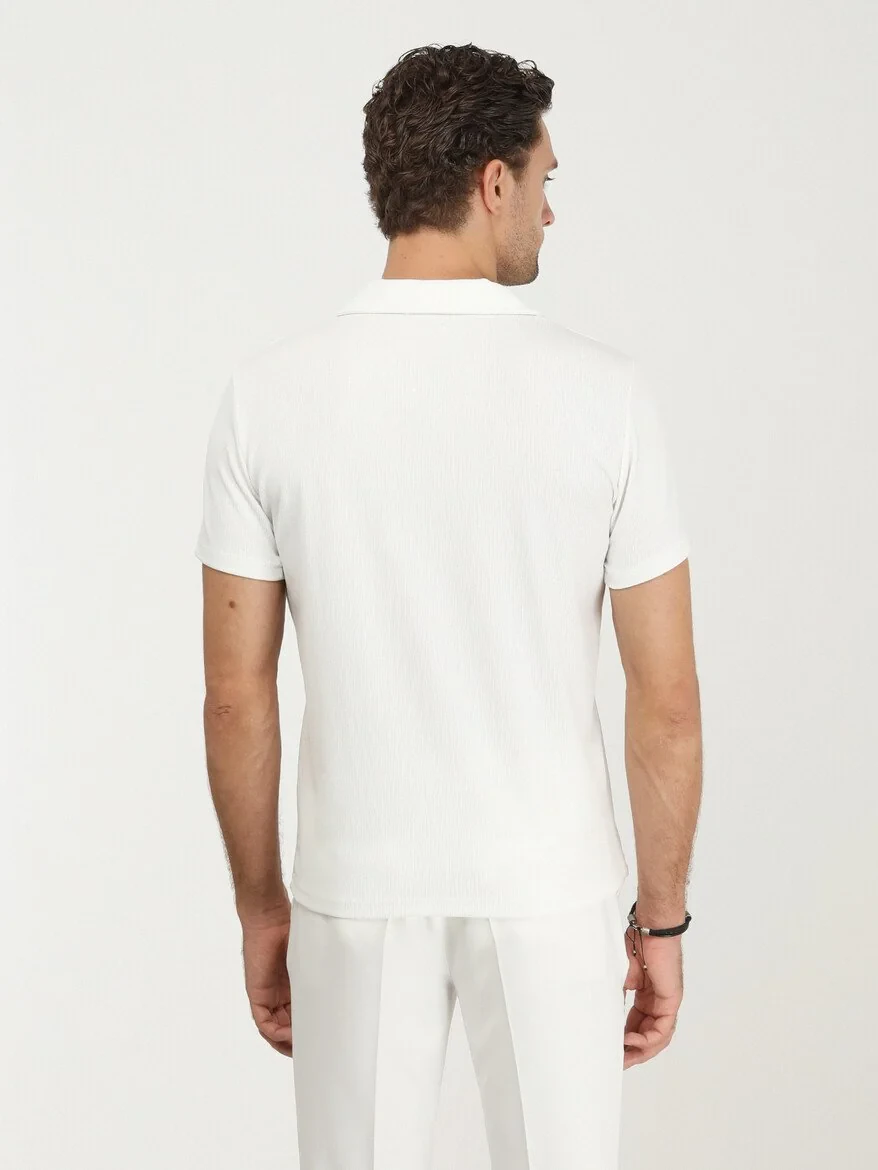 Beyaz Jakarlı Küba Yaka %100 Pamuk T-Shirt - 5