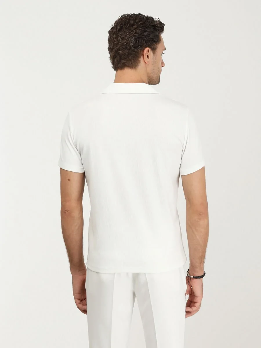 Beyaz Jakarlı Küba Yaka %100 Pamuk T-Shirt - 5