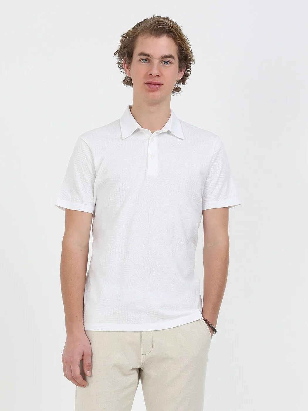 Beyaz Jakarlı Polo Yaka %100 Pamuk T-Shirt - 1