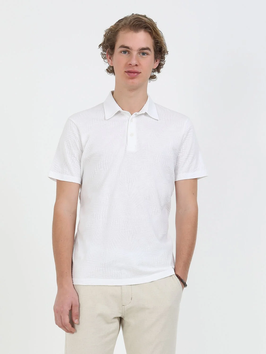 Beyaz Jakarlı Polo Yaka %100 Pamuk T-Shirt - 1