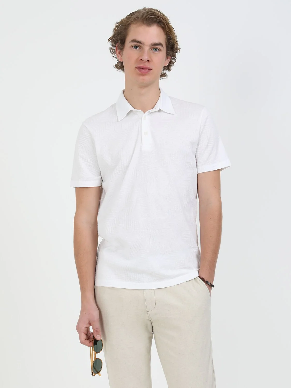 Beyaz Jakarlı Polo Yaka %100 Pamuk T-Shirt - 2