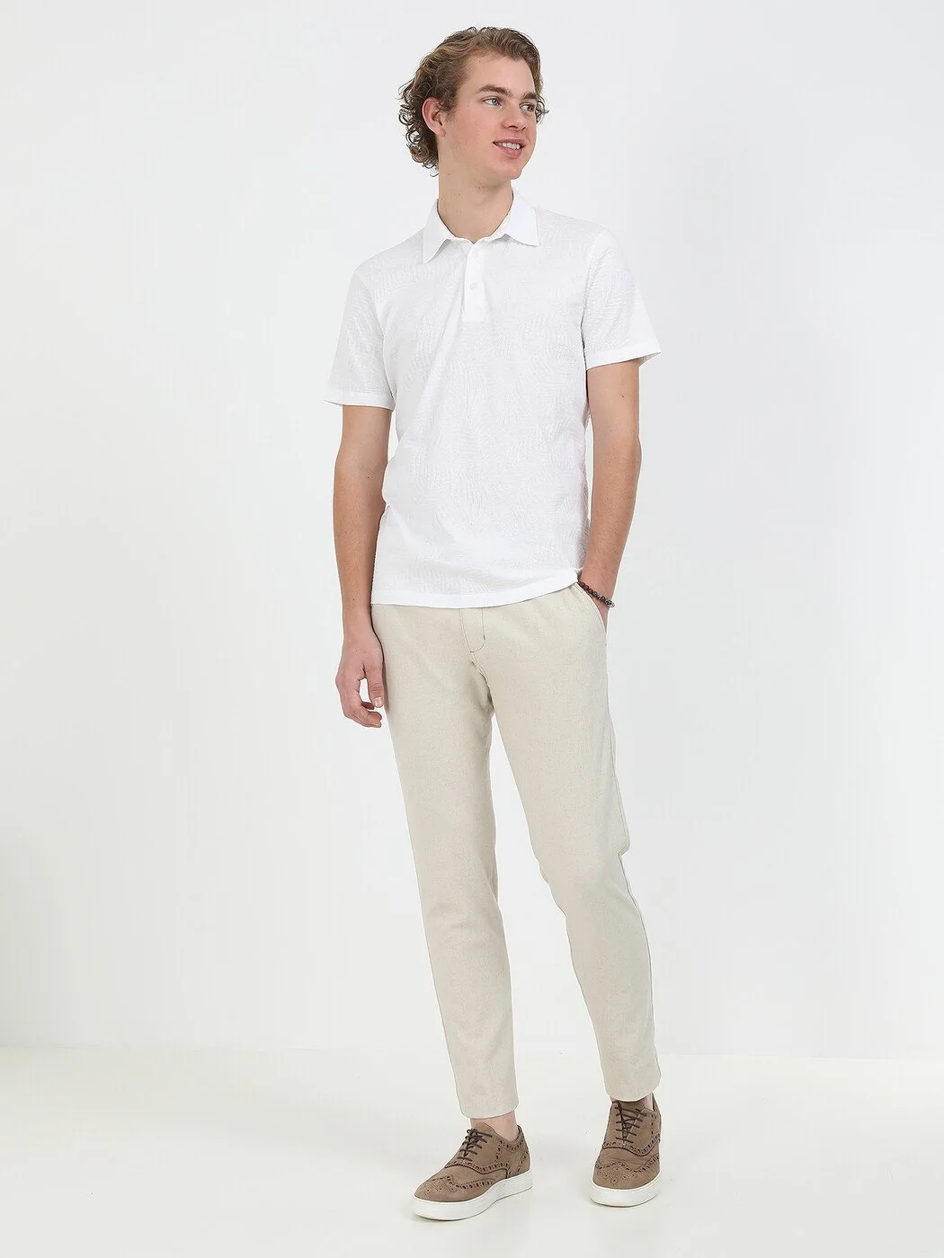 Beyaz Jakarlı Polo Yaka %100 Pamuk T-Shirt - 4