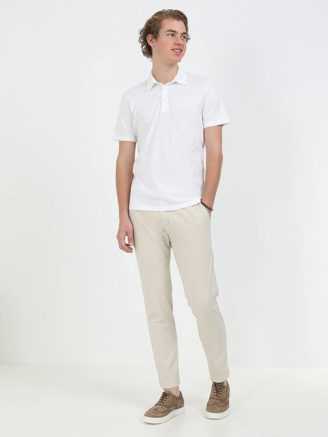 Beyaz Jakarlı Polo Yaka %100 Pamuk T-Shirt - 4